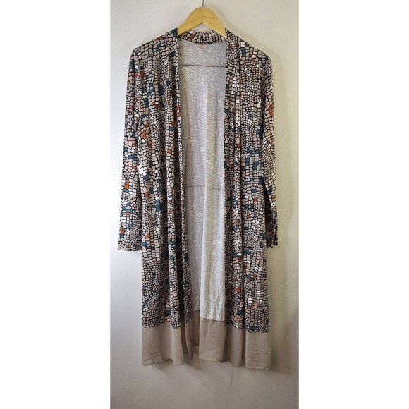 LOGO Lori Goldstein Geometric Mosaic Open Front Duster Cardigan L  Beachy Artsy - Picture 3 of 13